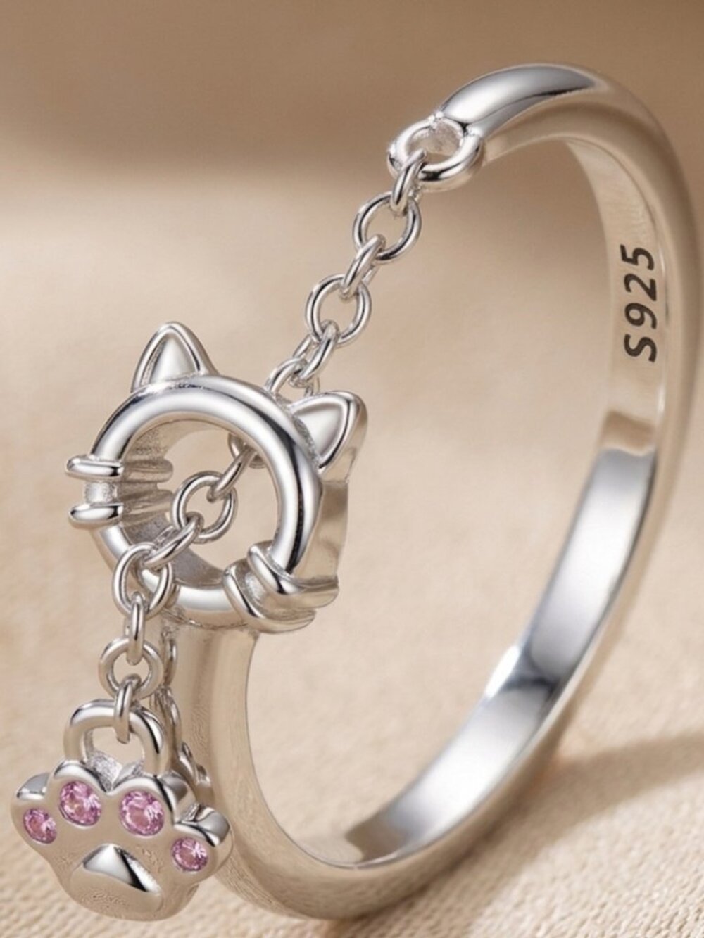 Sterling Silver Cat Paw Charm Ring with Pink Stones